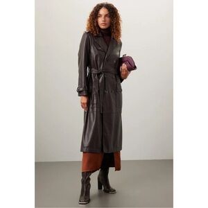 Osman Yousefzada Faux Leather Brown Belted Trench Coat Size 2 | Fall Classic